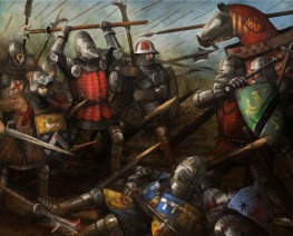 soldados y caballeros ingleses contra caballeros franceses.